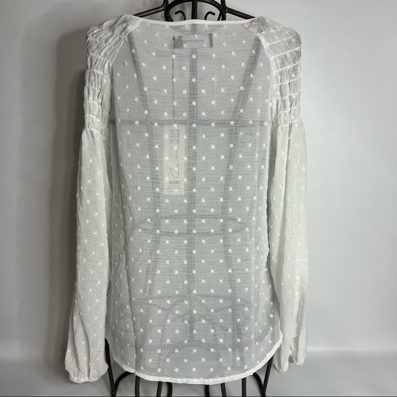 MINKPINK Sheer Dot White V-Neck Tassel Juliette Smocked Blouse Size Medium - Picture 7 of 13